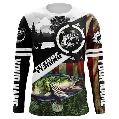 Largemouth Bass Fishing American flag patriot customize performance long sleeve fishing shirt NQS1909