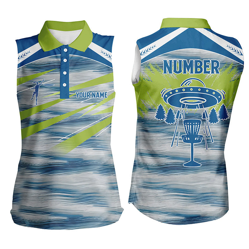 Women sleeveless disc golf polo shirt custom blue camo Alien disc golf basket, disc golf gift NQS5855