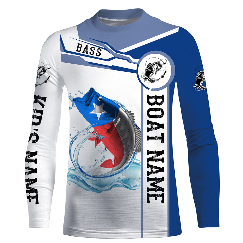 Texas Bass Fishing Texas Flag Custom Name and Boat Name Performance Fishing Shirts NQS2321, Long Sleeves UPF / L