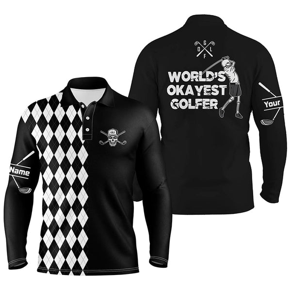 Mens golf polo shirt skull world's okayest golfer custom name black & white argyle pattern golf shirts NQS5115