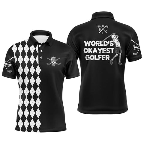 Mens golf polo shirt skull world's okayest golfer custom name black & white argyle pattern golf shirts NQS5115