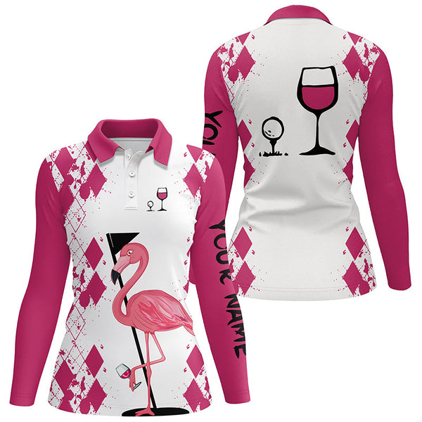 White Pink womens golf shirt Flamingo Golf & wine custom name womens golf polo shirt NQS5117