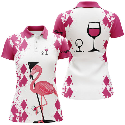 White Pink womens golf shirt Flamingo Golf & wine custom name womens golf polo shirt NQS5117