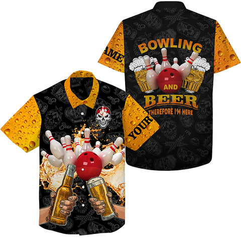 Funny bowling beer skull Hawaiian bowling shirts custom name bowling and beer therefore I'm here NQS4478