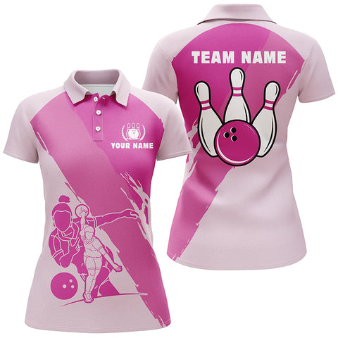 Personalized 3D bowling shirts for women, Custom pink Short Sleeve Polo Bowling Shirts for Girls NQS4691