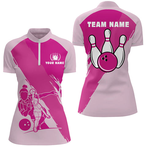 Personalized 3D bowling shirts for women, Custom pink Short Sleeve Quarter Zip Bowling Shirt for Girls NQS4691