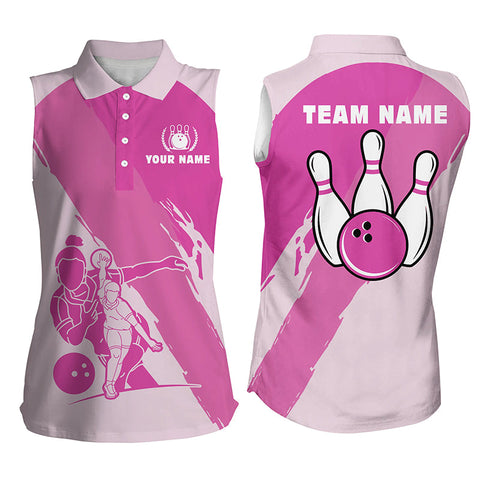 Personalized 3D bowling shirts for women, Custom pink Sleeveless polo Bowling Shirt for Girls NQS4691