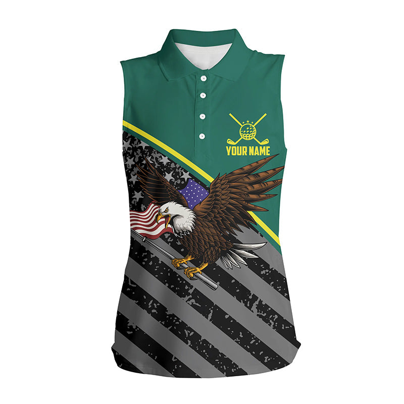 Eagle black American flag patriotic Womens sleeveless polo shirts custom team ladies golf tops | Green NQS5637