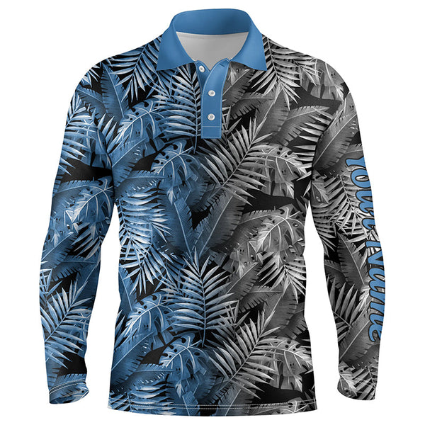 Mens golf polo shirts custom blue and gray tropical leaves golf shirts, best mens golf wears NQS5875