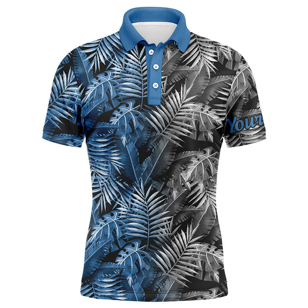 Mens golf polo shirts custom blue and gray tropical leaves golf shirts, best mens golf wears NQS5875