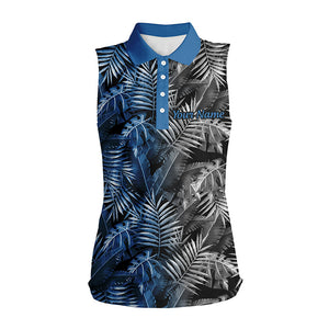 Women sleeveless polo shirt custom blue and gray tropical leaves golf shirts, ladies golf tops NQS5875