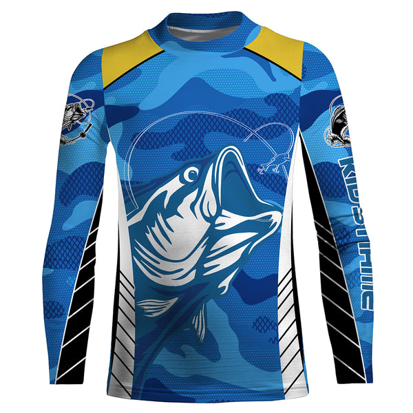 Bass Fishing tattoo blue UV protection quick dry customize name long sleeves fishing shirts for men, women, kid UPF 30+ NQS2328