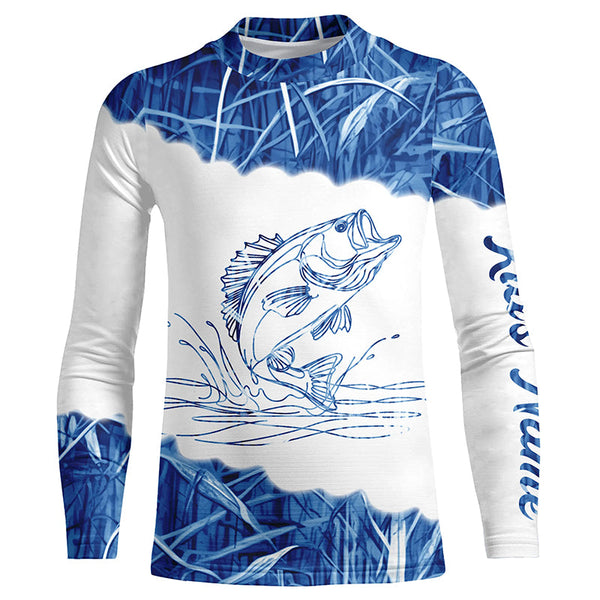 Blue camo Largemouth bass Customize name UV protection Performance Long Sleeve fishing shirts NQS1101