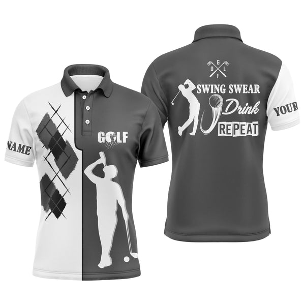 Black white Men golf polo upf shirts custom name swing swear drink repeat golf shirt, golf outfit men NQS4696