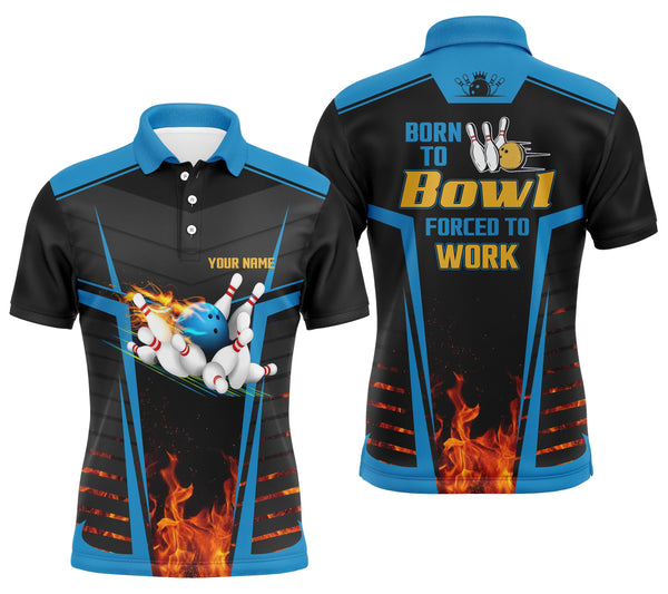 Men's bowling polo shirts custom name born to bowl forced to work, flame bowlers jersey | Blue NQS4848