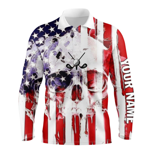 American flag Skull long sleeve golf polo shirts personalized patriotic gifts for golf lovers NQS3427