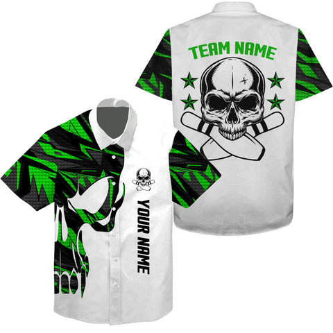 Green and white Bowling Hawaiian Shirt custom name and team name Skull Bowling, team bowling shirts NQS4699