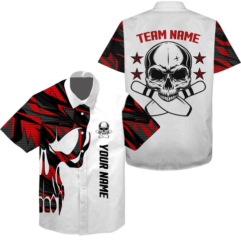 Red and white Bowling Hawaiian Shirt custom name and team name Skull Bowling, team bowling shirts NQS4699