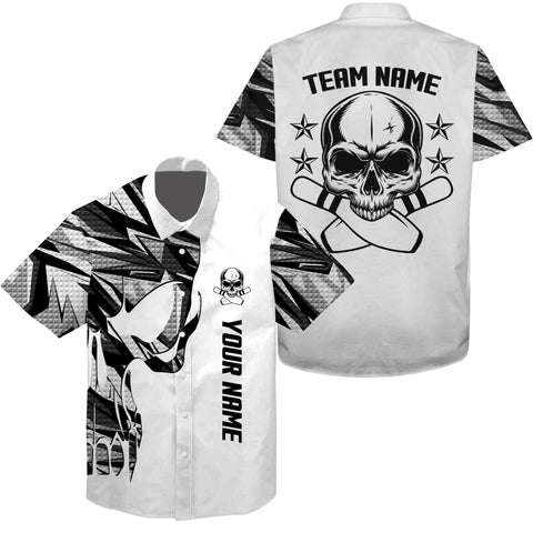 White camo Bowling Hawaiian Shirt custom name and team name Skull Bowling, team bowling shirts NQS4699