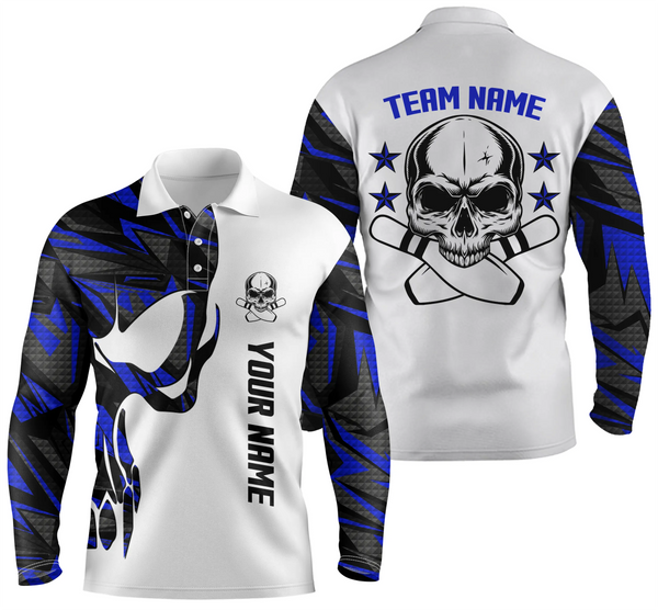 Blue and white Bowling polo shirts for men custom name and team name Skull Bowling, team bowling shirt NQS4699