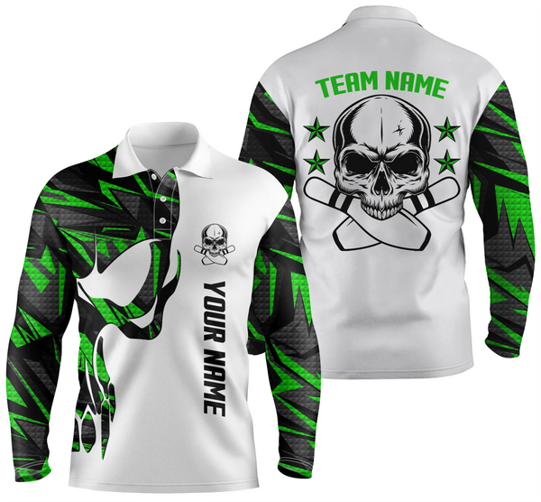 Green and white Bowling polo shirts for men custom name, team name Skull Bowling, team bowling shirt NQS4699
