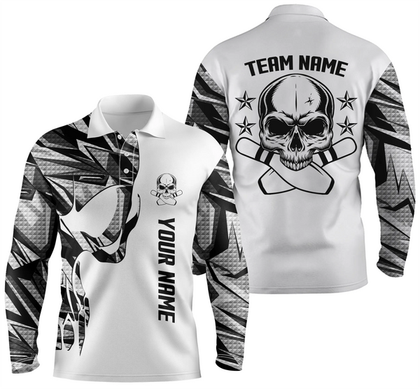 Bowling polo shirts for men white camo custom name and team name Skull Bowling, team bowling shirts NQS4699