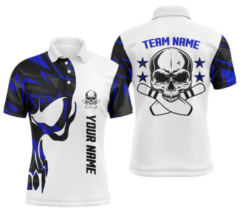 Blue and white Bowling polo shirts for men custom name and team name Skull Bowling, team bowling shirt NQS4699