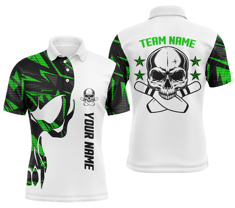 Green and white Bowling polo shirts for men custom name, team name Skull Bowling, team bowling shirt NQS4699