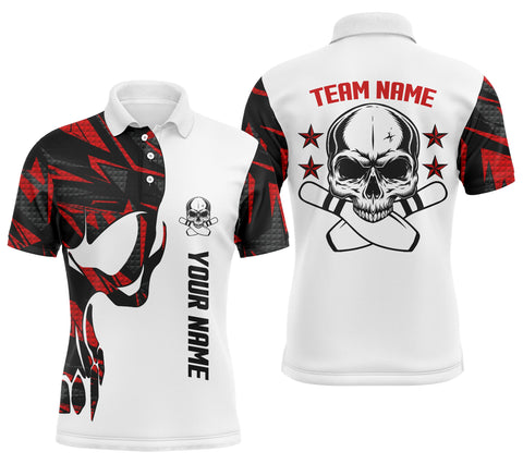 Red and white Bowling polo shirts for men custom name and team name Skull Bowling, bowling team shirts NQS4699