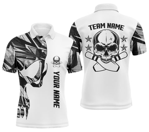 Bowling polo shirts for men white camo custom name and team name Skull Bowling, team bowling shirts NQS4699