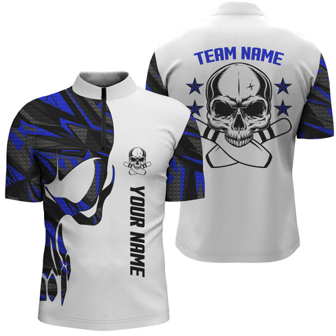 Blue and white Bowling Quarter Zip shirts for men custom name Skull Bowling, team bowling shirts NQS4699