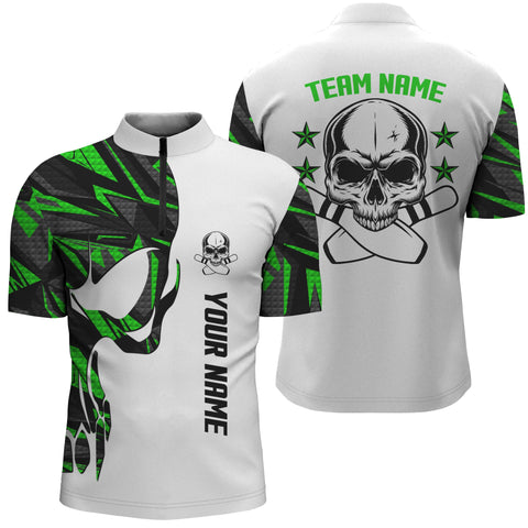 Green and white Bowling Quarter Zip shirts for men custom name Skull Bowling, men bowling team shirts NQS4699