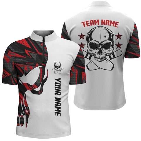 Red and white Bowling Quarter Zip shirts for men custom name Skull Bowling, men bowling team shirts NQS4699