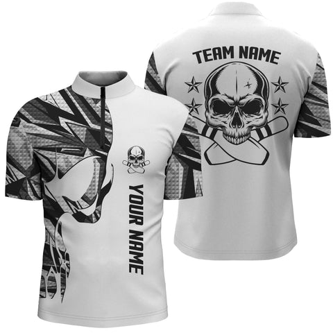 White camo Bowling Quarter Zip shirts for men custom name Skull Bowling, men bowling team shirts NQS4699