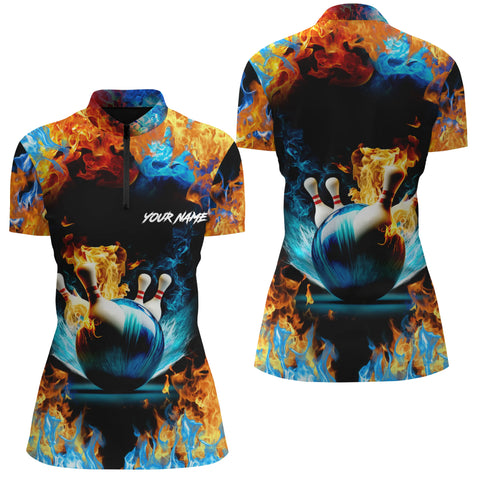 Water fire background custom name short sleeve Quarter Zip bowling shirts for women, gift for bowlers NQS4705