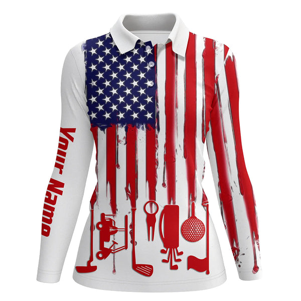 American flag white Womens golf polo shirt custom golf tops for ladies patriotic golfing gifts NQS5414