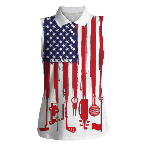 American flag white Womens sleeveless polo shirts custom golf tops for ladies patriotic golfing gifts NQS5414