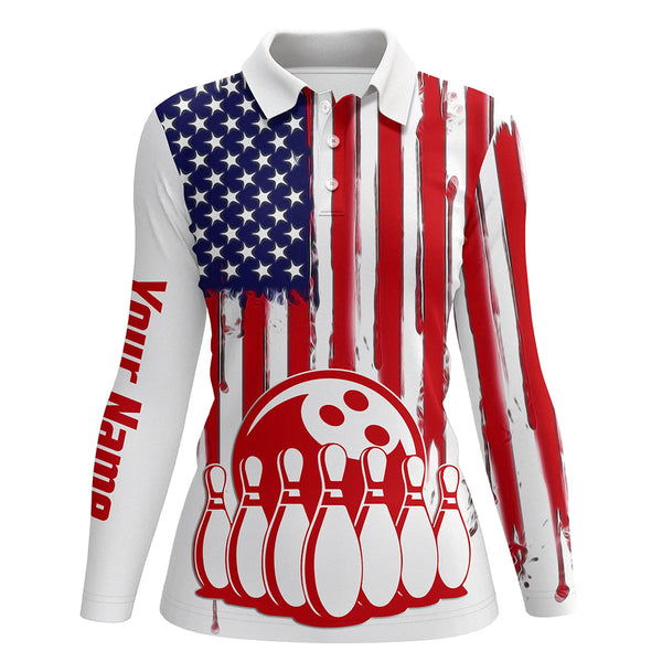 Womens bowling polo shirts custom American flag bowling ball pins team bowling jerseys for girl bowler NQS5415