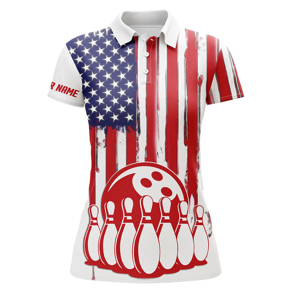 Womens bowling polo shirts custom American flag bowling ball pins team bowling jerseys for girl bowler NQS5415