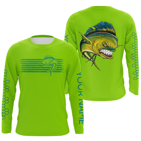 Lime green Mahi mahi fishing Custom performance long sleeve fishing shirts, Dorado fishing jerseys NQS5151