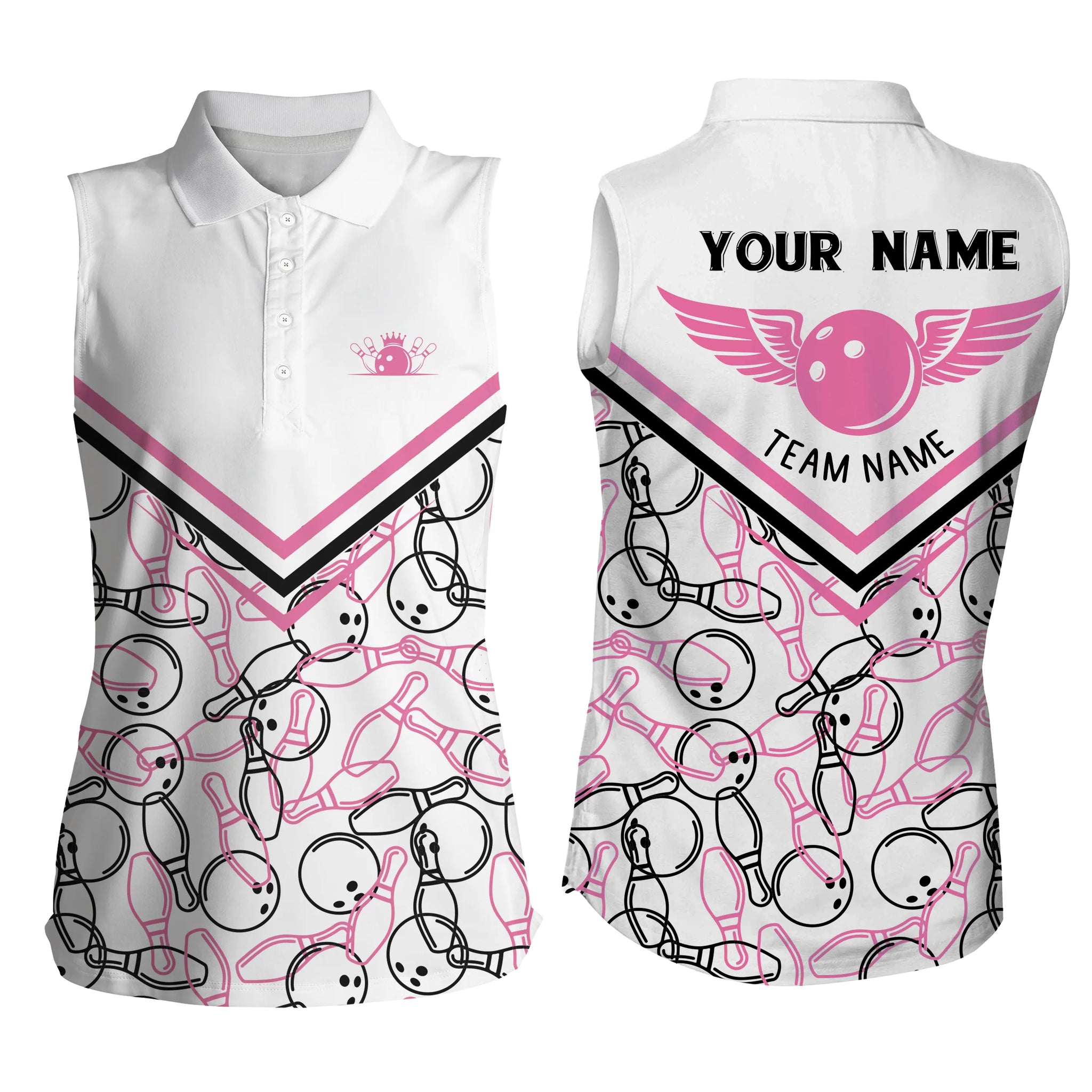 Personalized 3D bowling shirts for women, Custom white pink sleeveless polo Bowling Shirts for Girls NQS4706