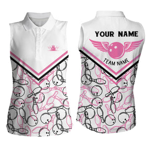 Personalized 3D bowling shirts for women, Custom white pink sleeveless polo Bowling Shirts for Girls NQS4706