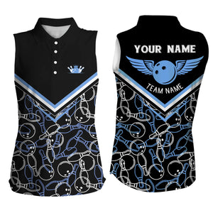 Personalized 3D bowling shirts for women, Custom black blue sleeveless polo Bowling Shirts for Girls NQS4707