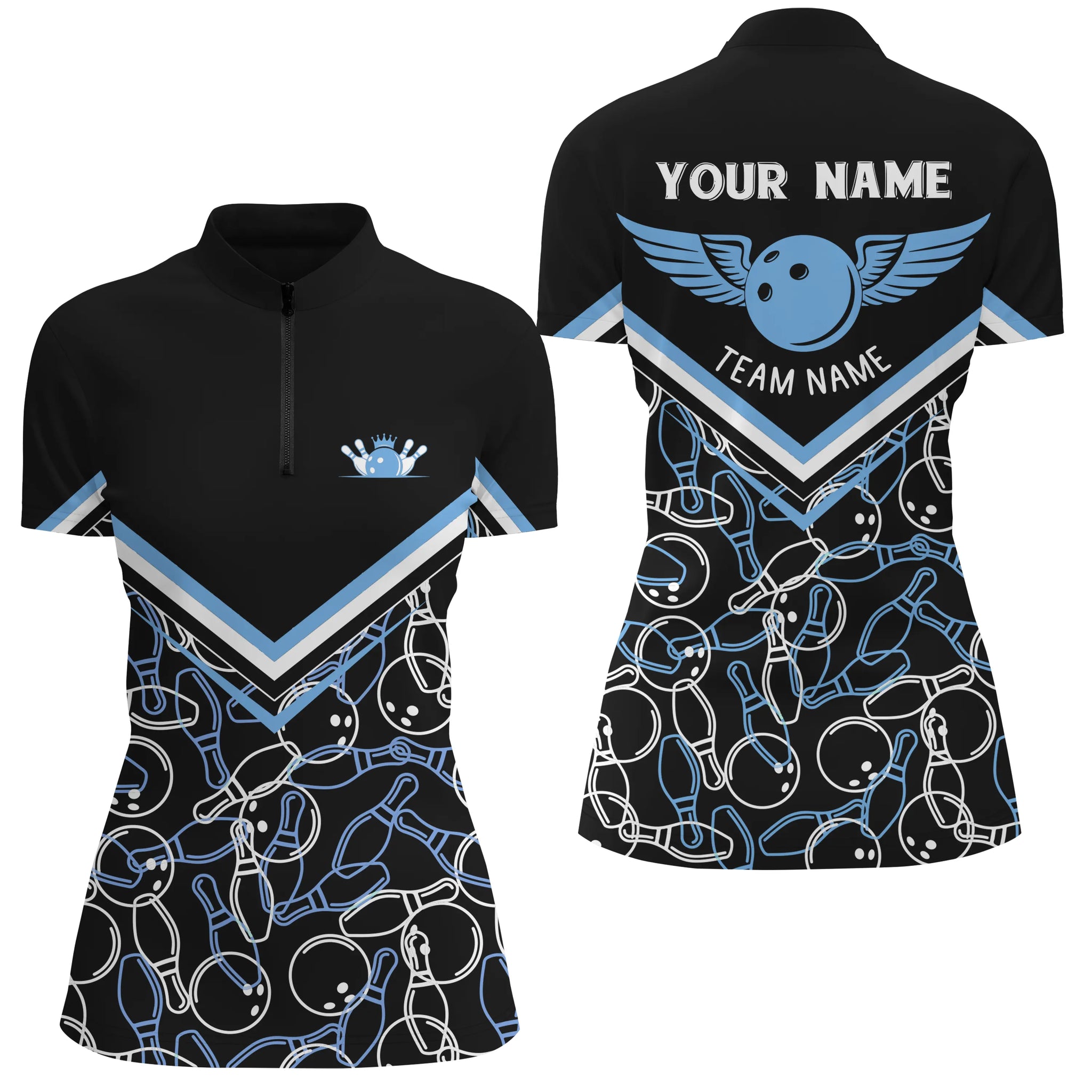 Personalized 3D bowling shirts for women, Custom black blue Quarter Zip Bowling Shirts for Girls NQS4707