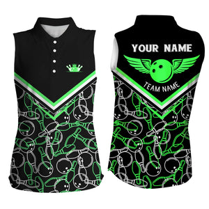 Personalized 3D bowling shirts for women, Custom black green sleeveless polo Bowling Shirts for Girls NQS4708