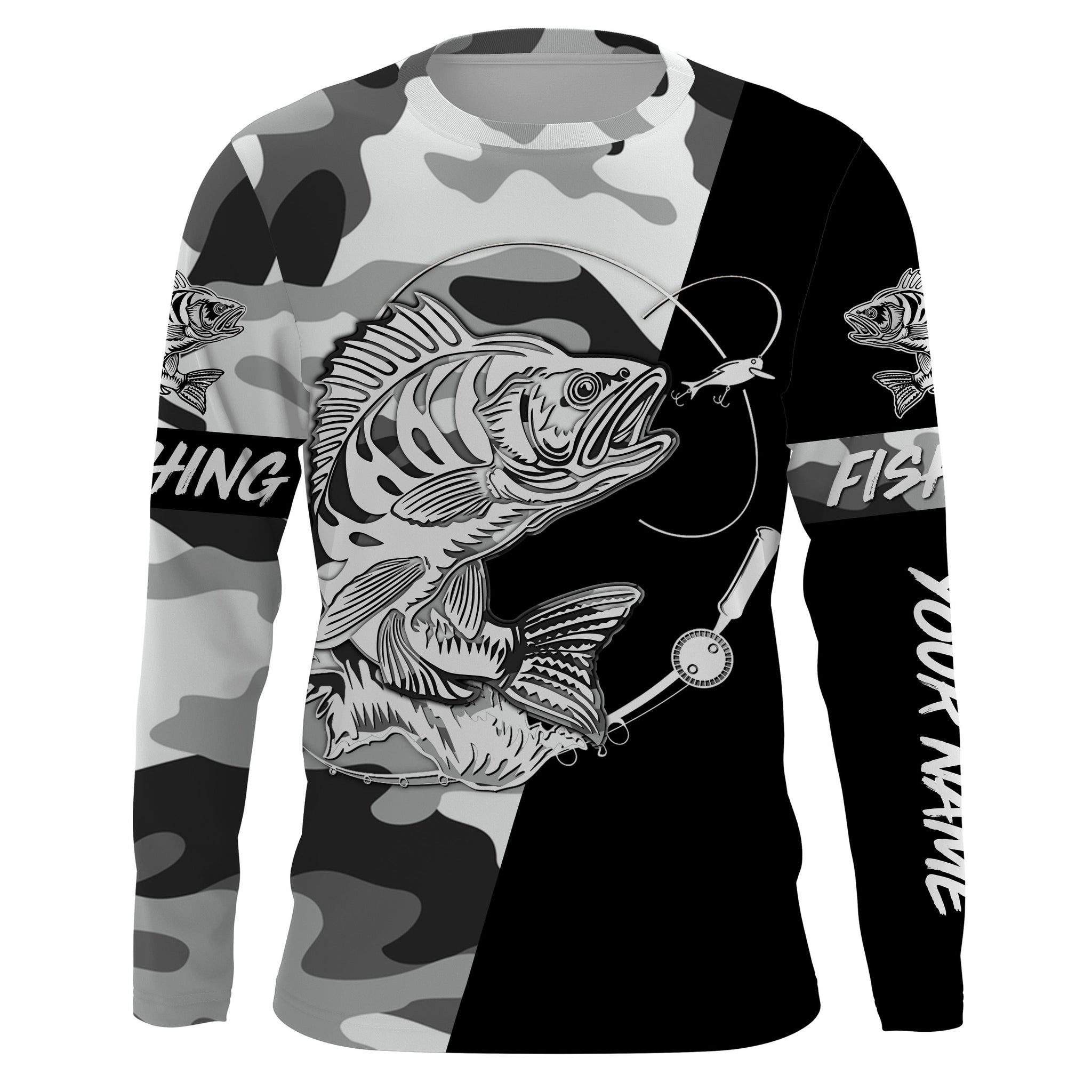 Perch Ice fishing winter camo custom name sun protection long sleeve fishing shirts, Perch jerseys NQS4093