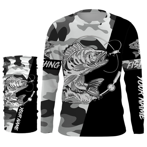 Perch Ice fishing winter camo custom name sun protection long sleeve fishing shirts, Perch jerseys NQS4093