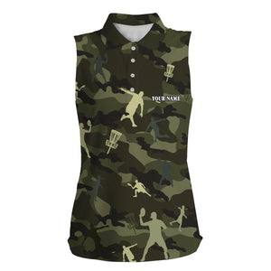 Green camo disc golf Womens sleeveless polo shirt custom name disc golfing gifts for women NQS4658