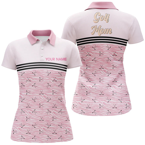 Pink golf clubs zebra pattern Womens polo shirt personalized name mother's day golf gift for mom NQS5195