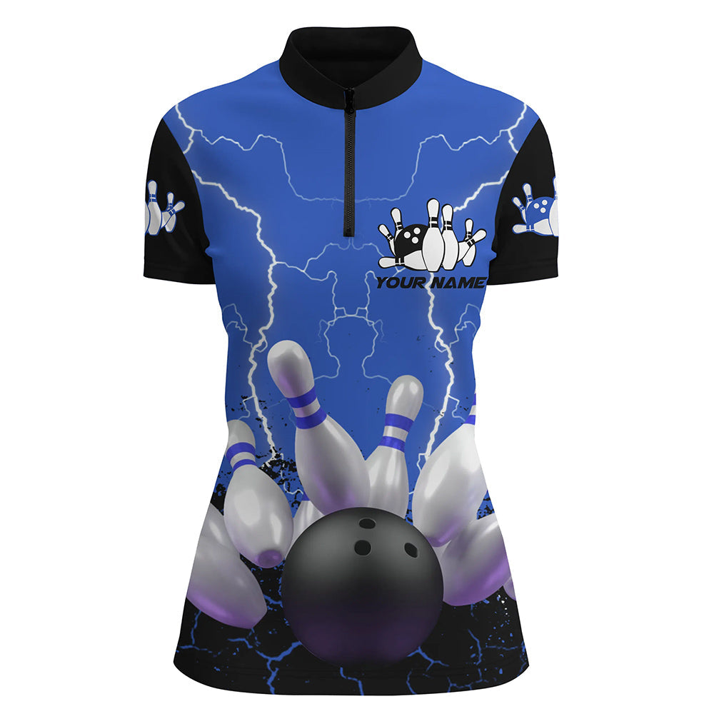 Blue lightning Womens Quarter Zip shirts, Custom Bowling Team Bowlers Jersey, bowling team uniforms NQS5200